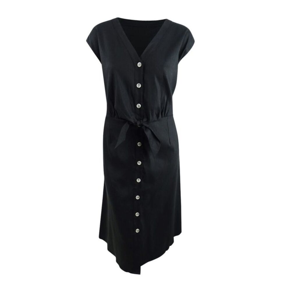 Calvin Klein Women's Plus Size Tie-Waist A-Line Linen Dress (16W, Black)